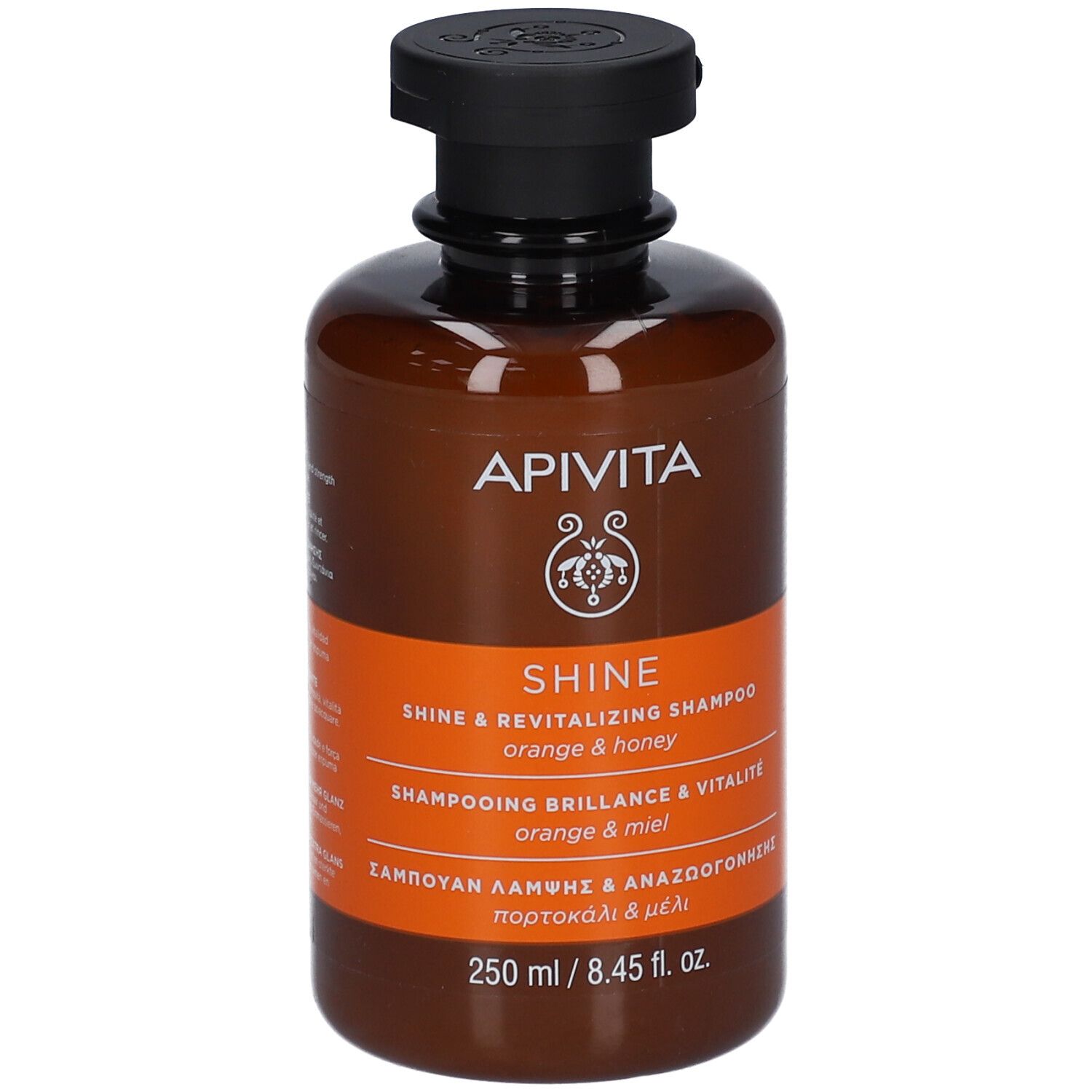 Flacon de shampooing Apivita Shine avec distributeur noir, 250 ml.