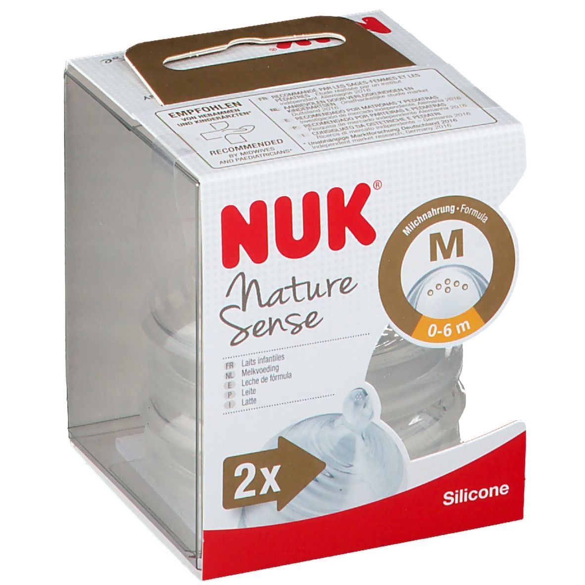 Tétines NUK Nature Sense en emballage. Taille M, 0-6 mois. 2 pièces. Silicone. Emballage transparent.