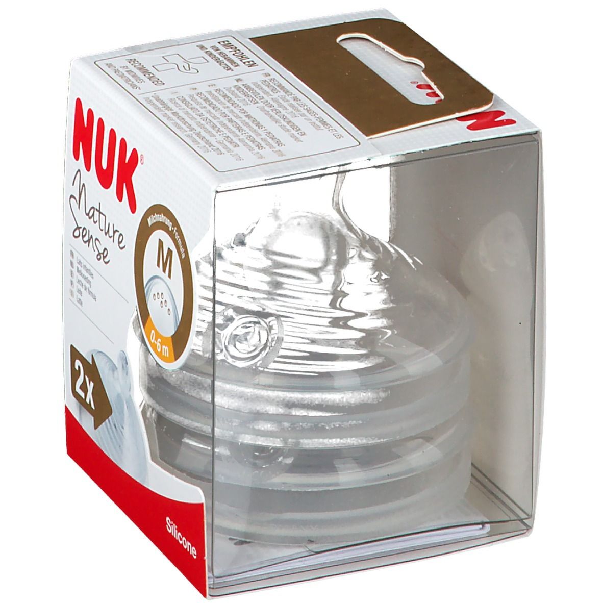 Tétines NUK Nature Sense en emballage. Taille M, 0-6 mois. Silicone. Emballage transparent.