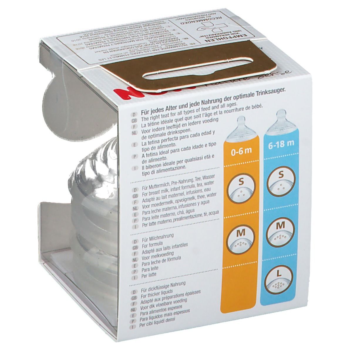 Tétines NUK Nature Sense en emballage. Tailles S, M, L. 0-6 et 6-18 mois. Emballage transparent.