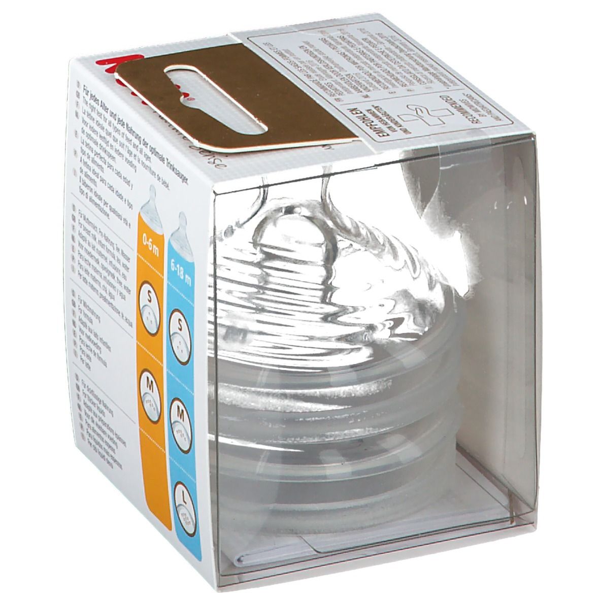 Tétines NUK Nature Sense en emballage. Tailles S, M, L. 0-6 et 6-18 mois. Emballage transparent.