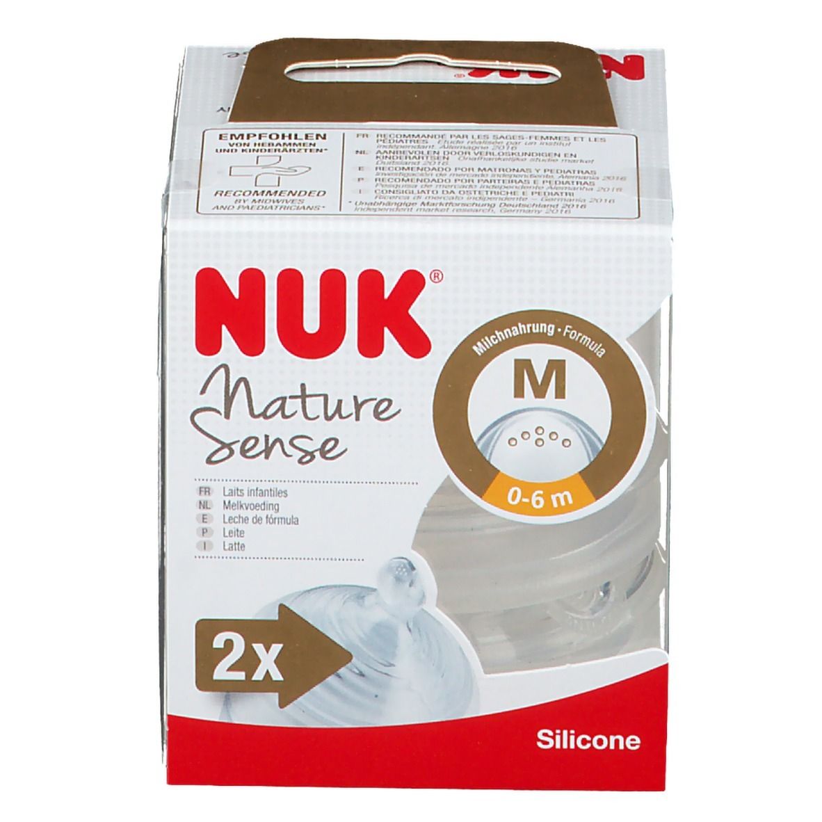Tétines NUK Nature Sense en emballage. Taille M, 0-6 mois. 2 pièces. Silicone. Emballage transparent.