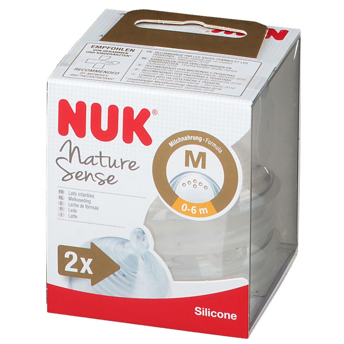 Tétines NUK Nature Sense en emballage. Taille M, 0-6 mois. Silicone. Emballage transparent.