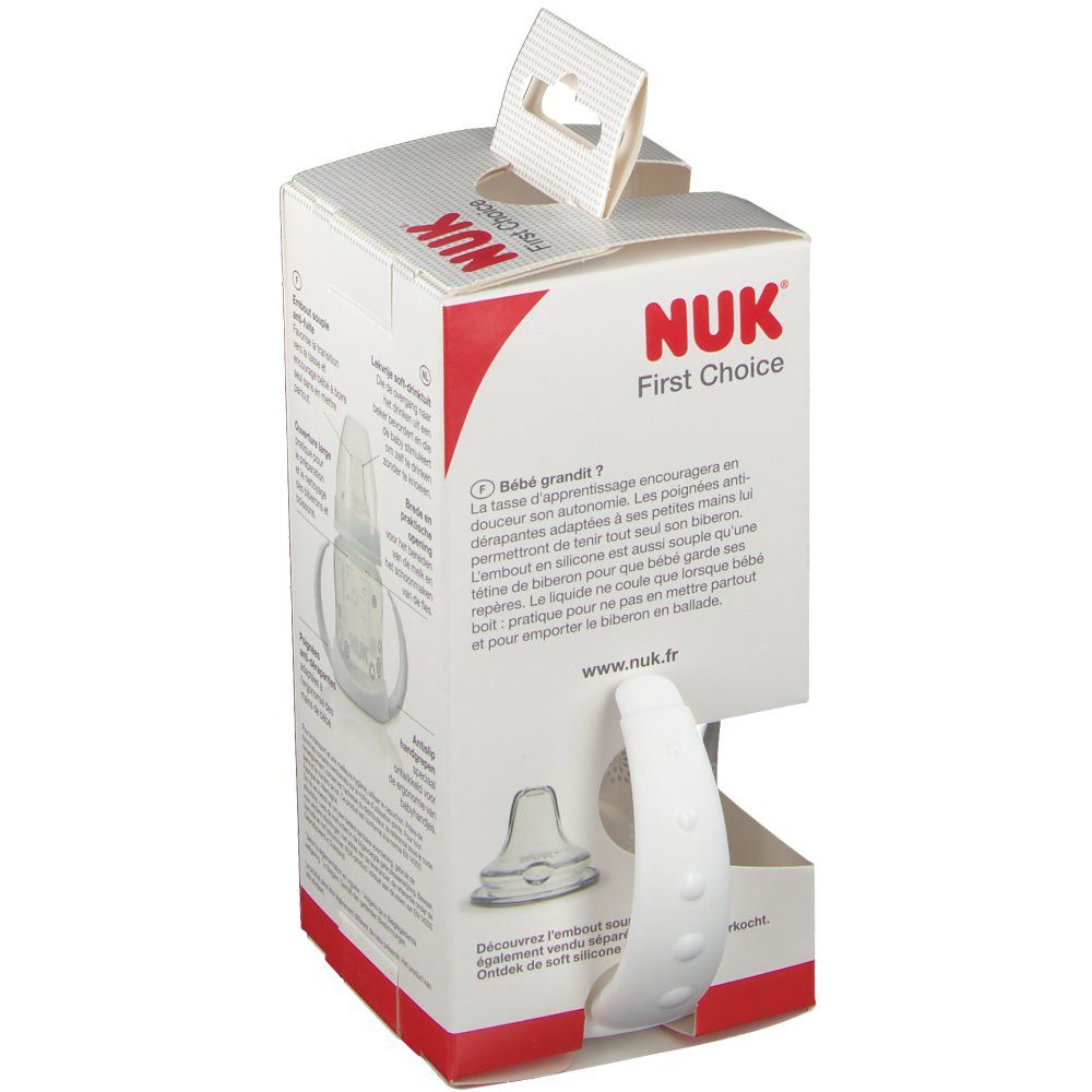Dos de l'emballage ouvert du biberon d'apprentissage NUK First Choice. Illustrations et texte du produit.