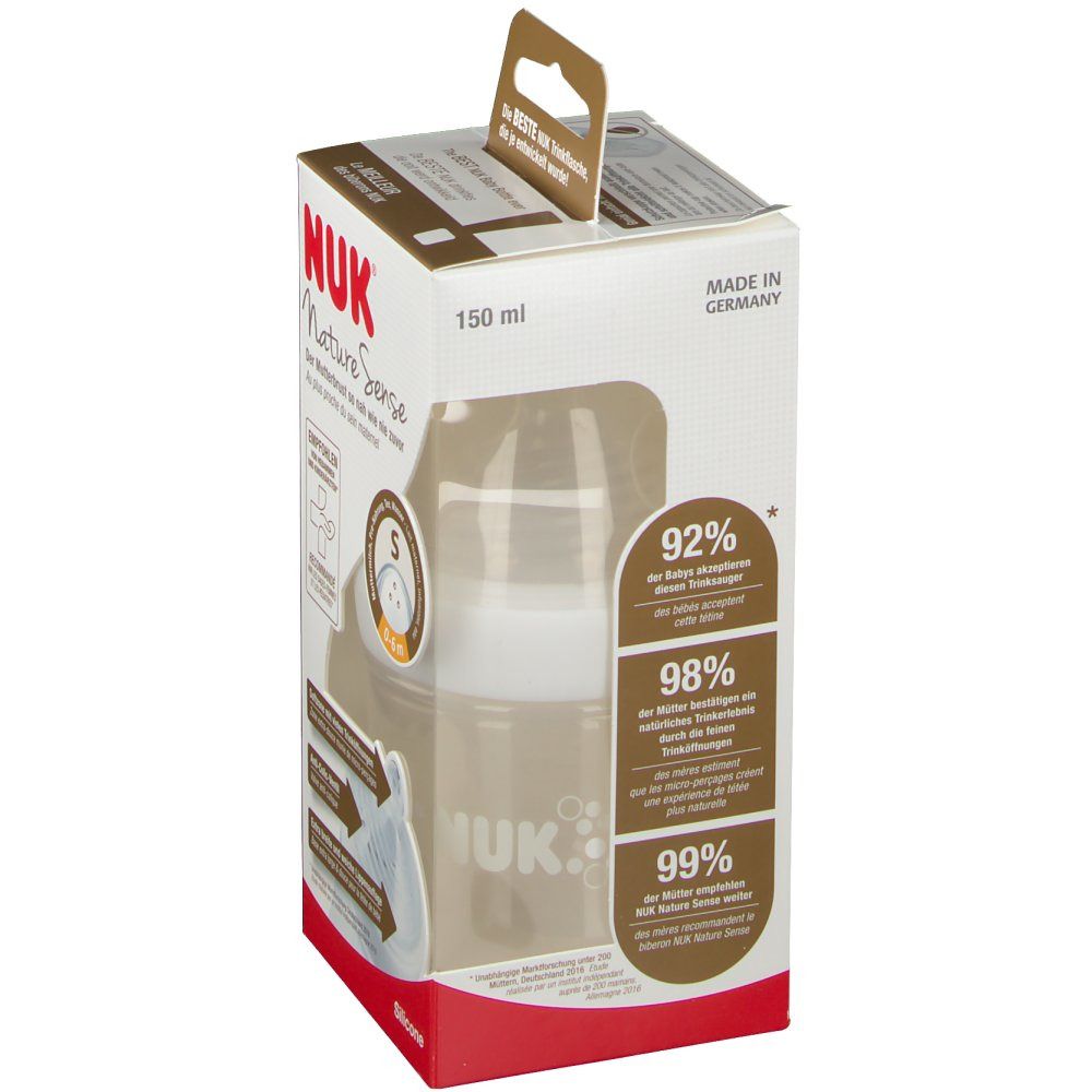 Emballage NUK Nature Sense. Biberon de 150 ml. Informations sur 92%, 98% et 99% des bébés.
