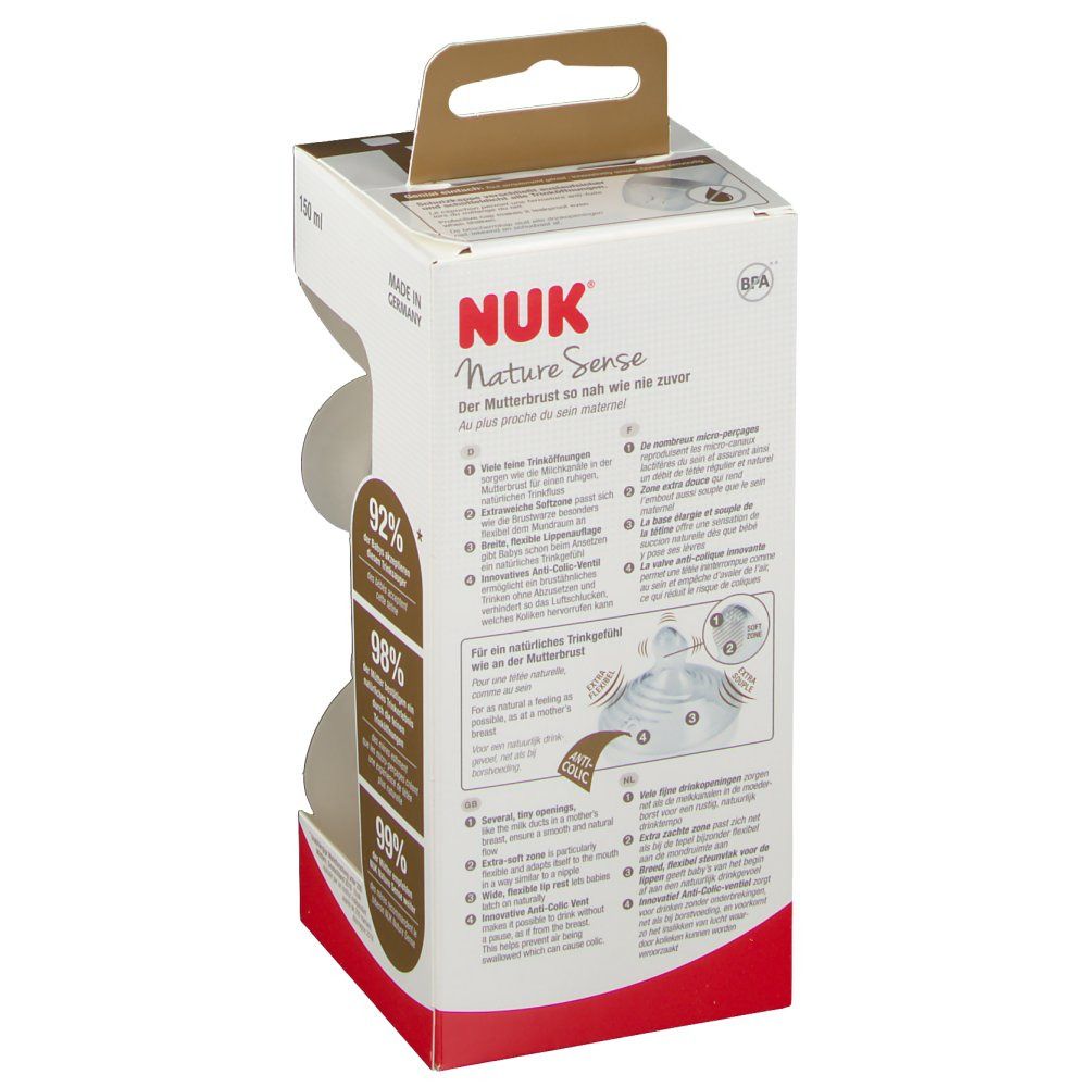Dos de l'emballage NUK Nature Sense. Texte en allemand. Représentation graphique des caractéristiques et avantages du biberon.