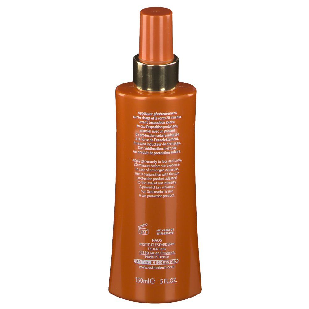 Dos d'un flacon spray orange. Texte blanc.