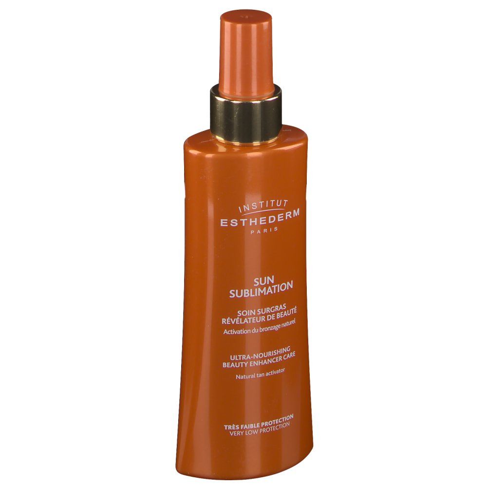 Flacon spray orange avec texte blanc. Inscription : INSTITUT ESTHEDERM PARIS, SUN SUBLIMATION.