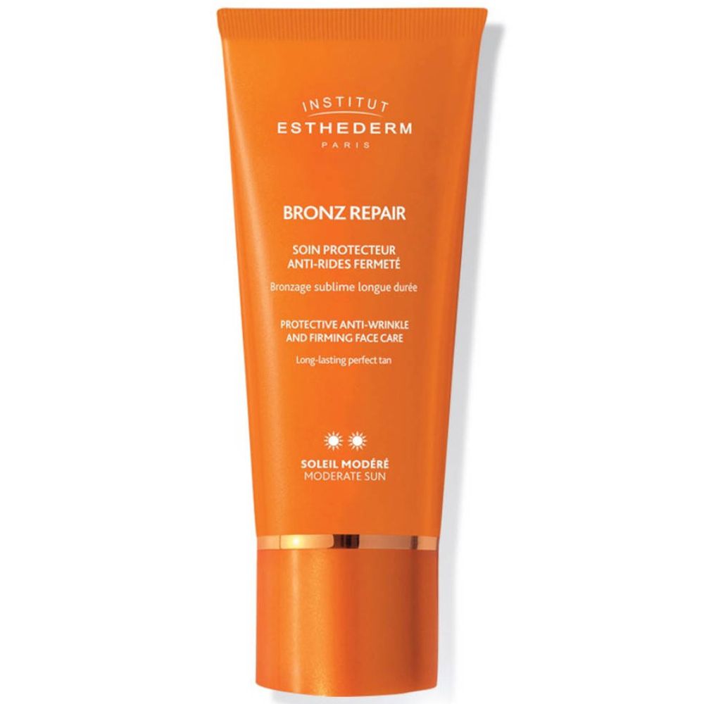 Tube orange INSTITUT ESTHEDERM, BRONZ REPAIR, et texte. Soin solaire visage anti-rides.