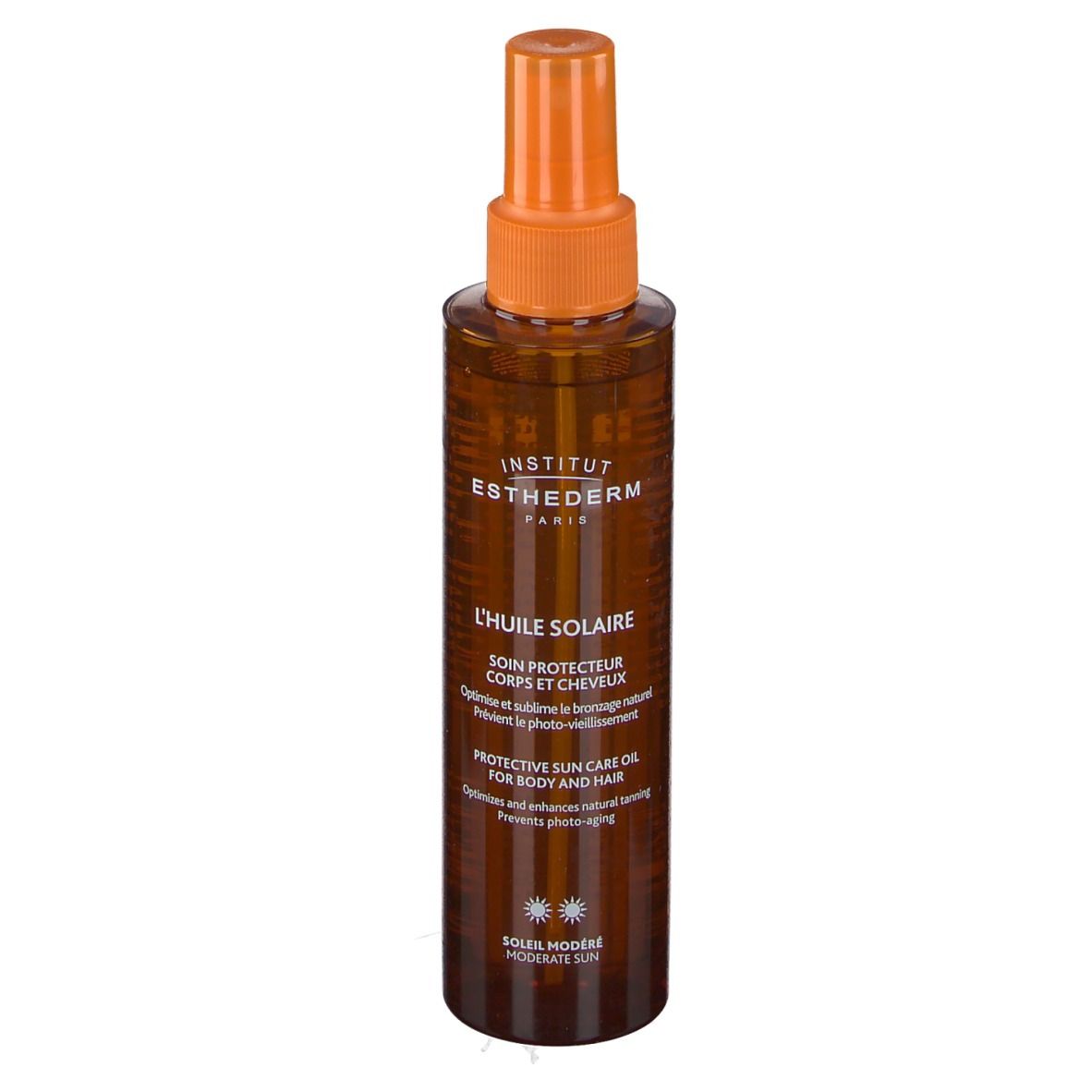 Flacon spray brun avec tête orange. Inscriptions: INSTITUT ESTHEDERM, L'HUILE SOLAIRE, Protective Sun Care Oil.