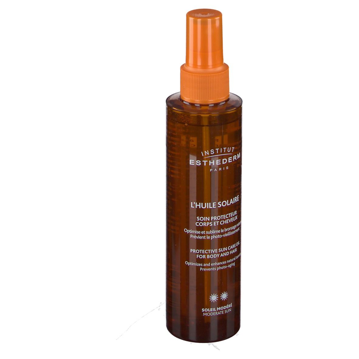 Flacon spray brun avec tête orange. Inscriptions: INSTITUT ESTHEDERM, L'HUILE SOLAIRE, Protective Sun Care Oil.