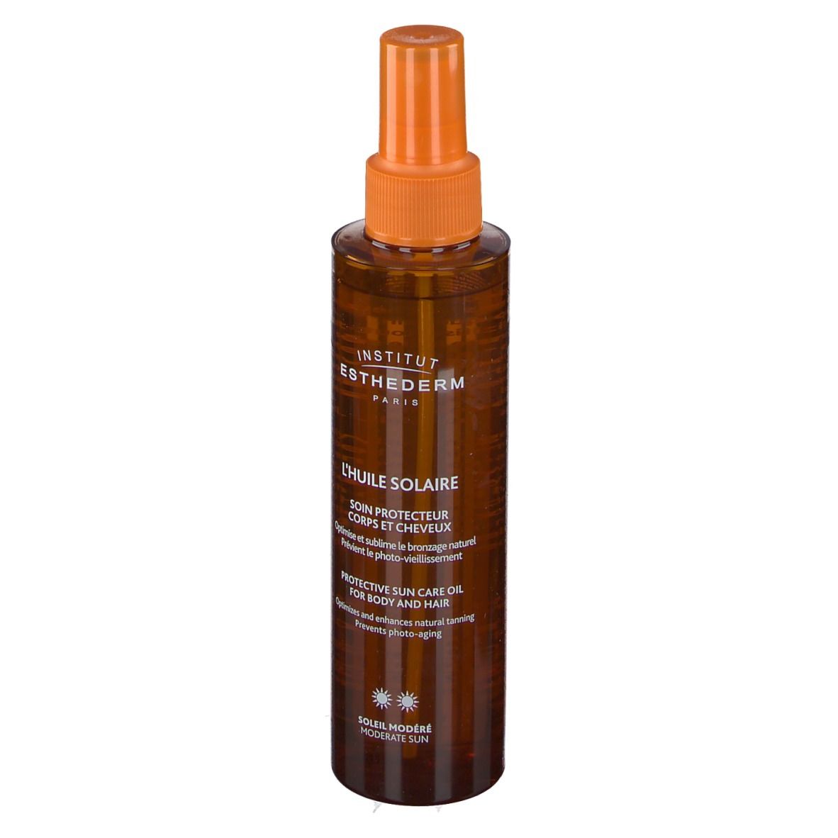 Flacon spray brun avec tête orange. Inscriptions: INSTITUT ESTHEDERM, L'HUILE SOLAIRE, Protective Sun Care Oil.