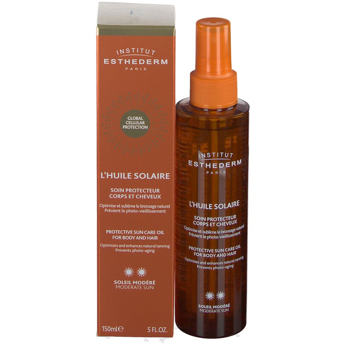 Flacon spray brun avec tête orange et emballage rectangulaire. Inscriptions: INSTITUT ESTHEDERM, L'HUILE SOLAIRE.