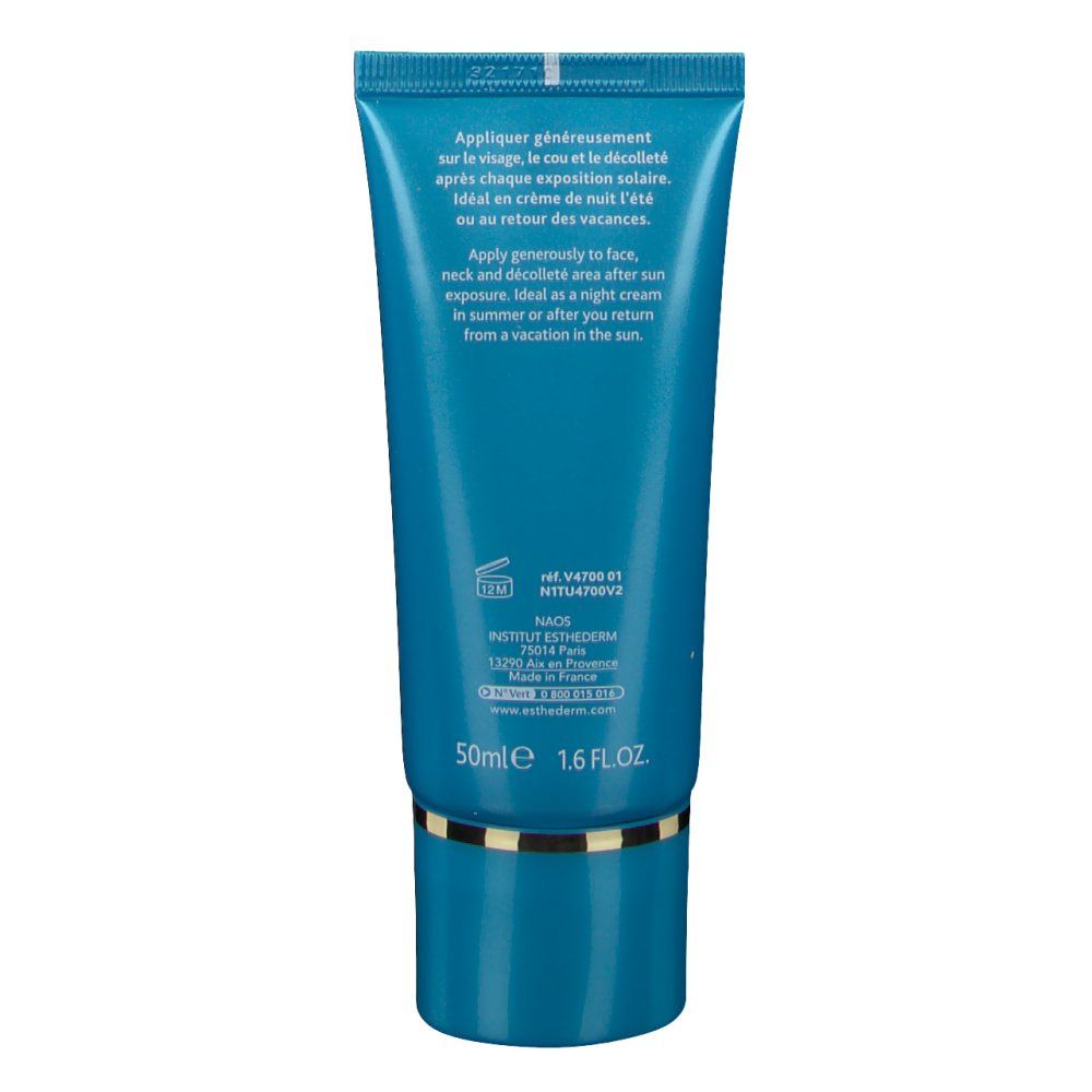Dos du tube turquoise. Texte: instructions d'utilisation, 50ml, 1.6 FL. OZ.