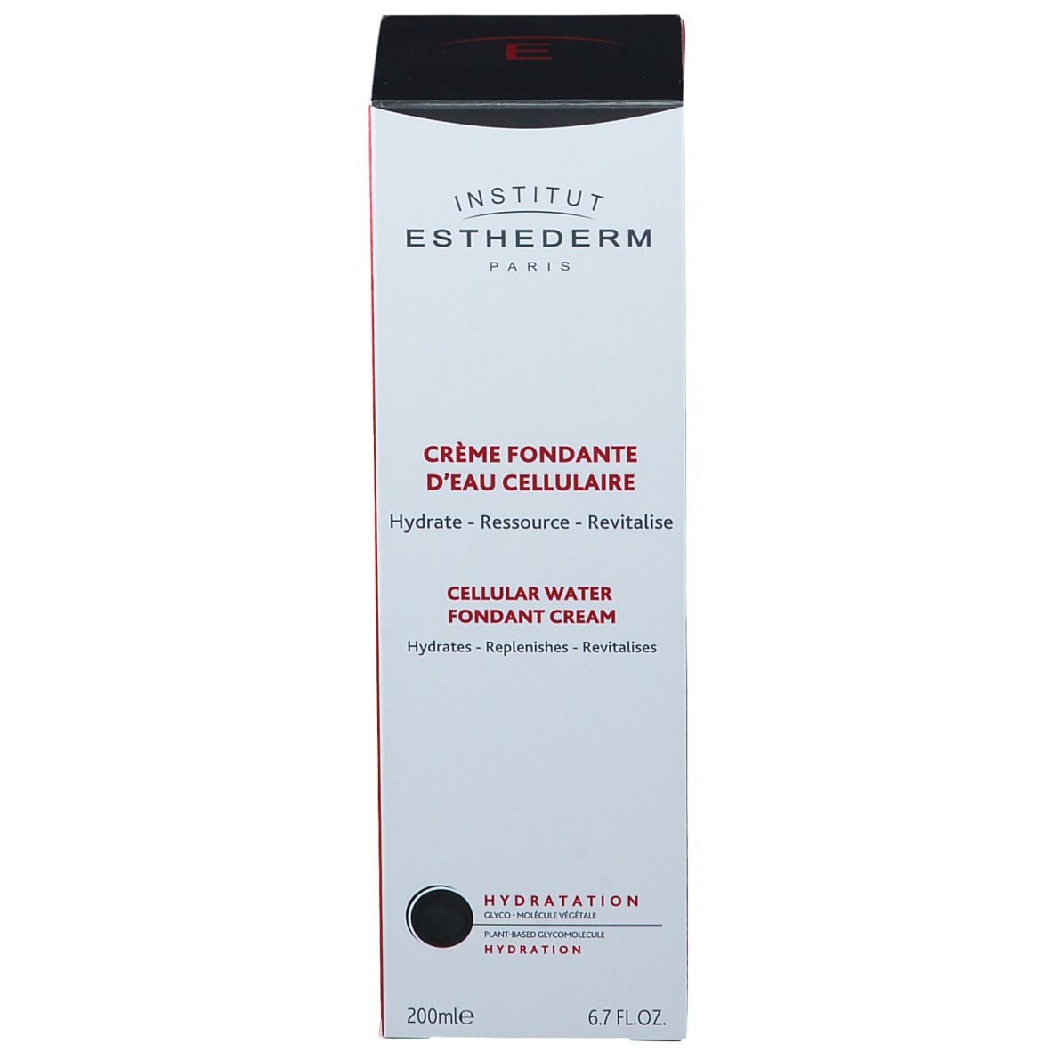 Emballage du produit. INSTITUT ESTHEDERM PARIS. CRÈME FONDANTE D'EAU CELLULAIRE. CELLULAR WATER FONDANT CREAM. 200ml 6.7 FL.OZ. Cercle noir.