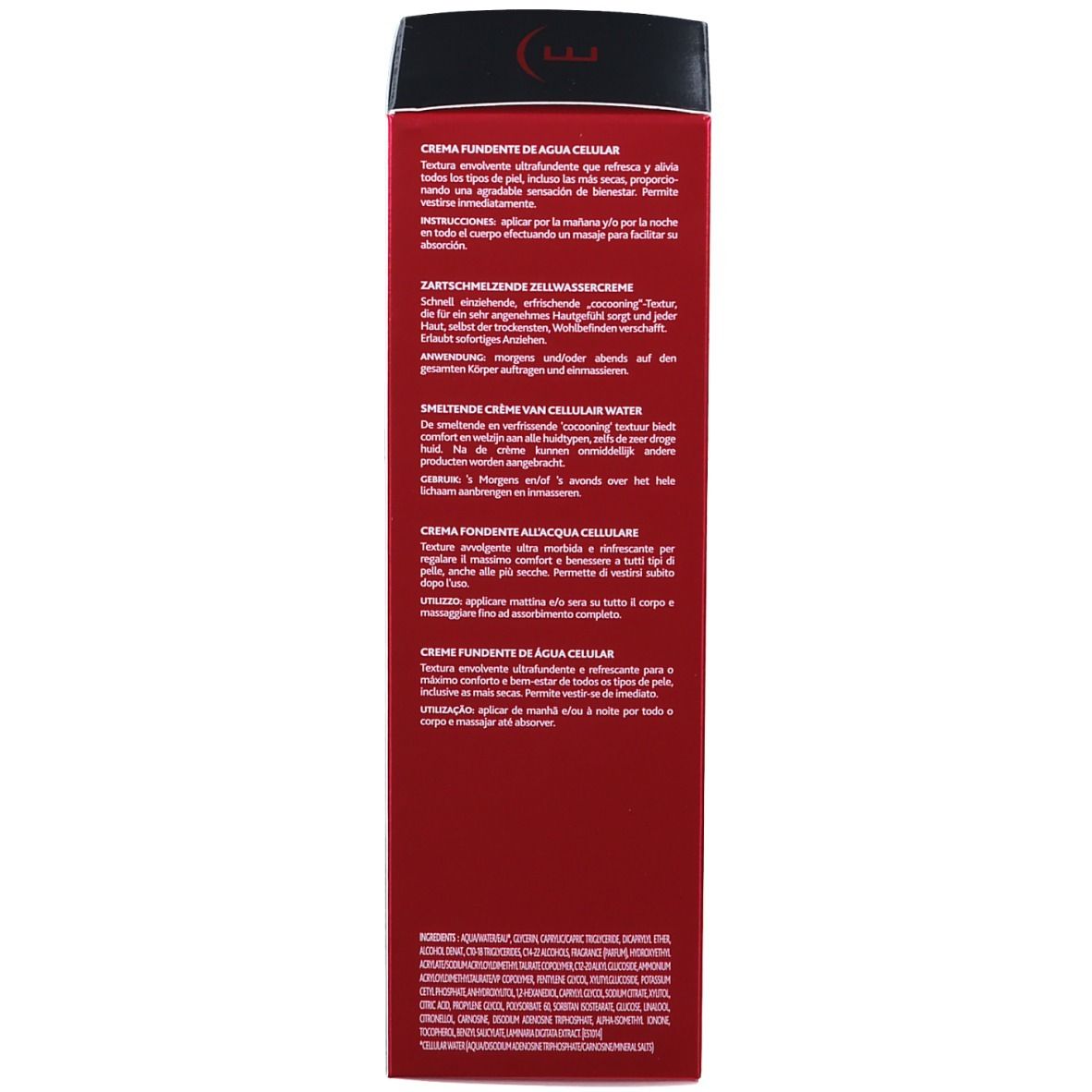 Dos de l'emballage. Texte: CRÈME FONDANTE DE AGUA CELULAR. Instructions d'utilisation. INSTITUT ESTHEDERM. Texte multilingue.