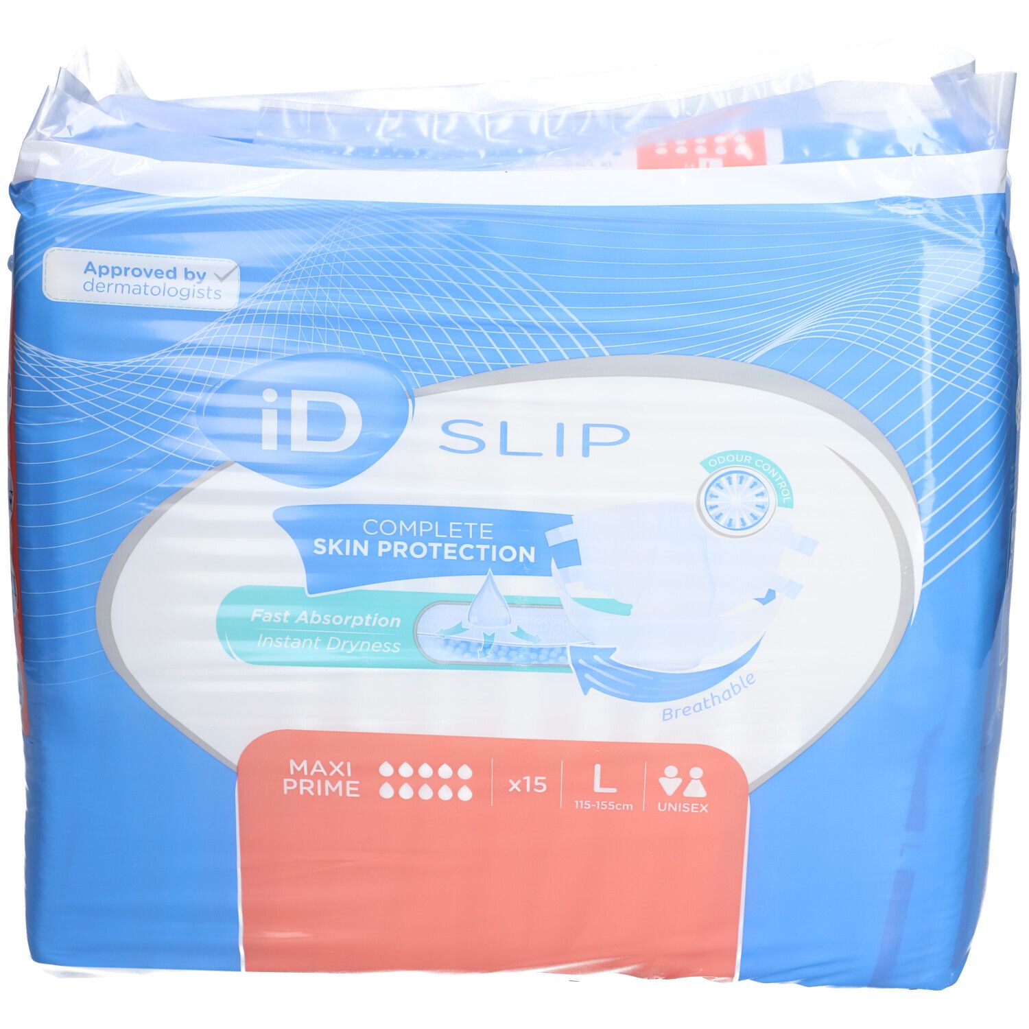 Emballage de protections contre l'incontinence. Inscriptions : iD SLIP, MAXI PRIME, L, x15. Approuvé par des dermatologues.