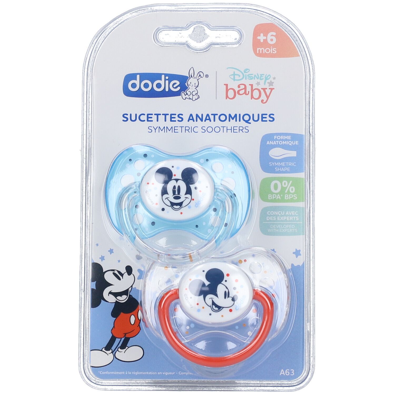Deux sucettes anatomiques en blister. Bleues et rouges, motif Mickey. Marque dodie® +6 mois.