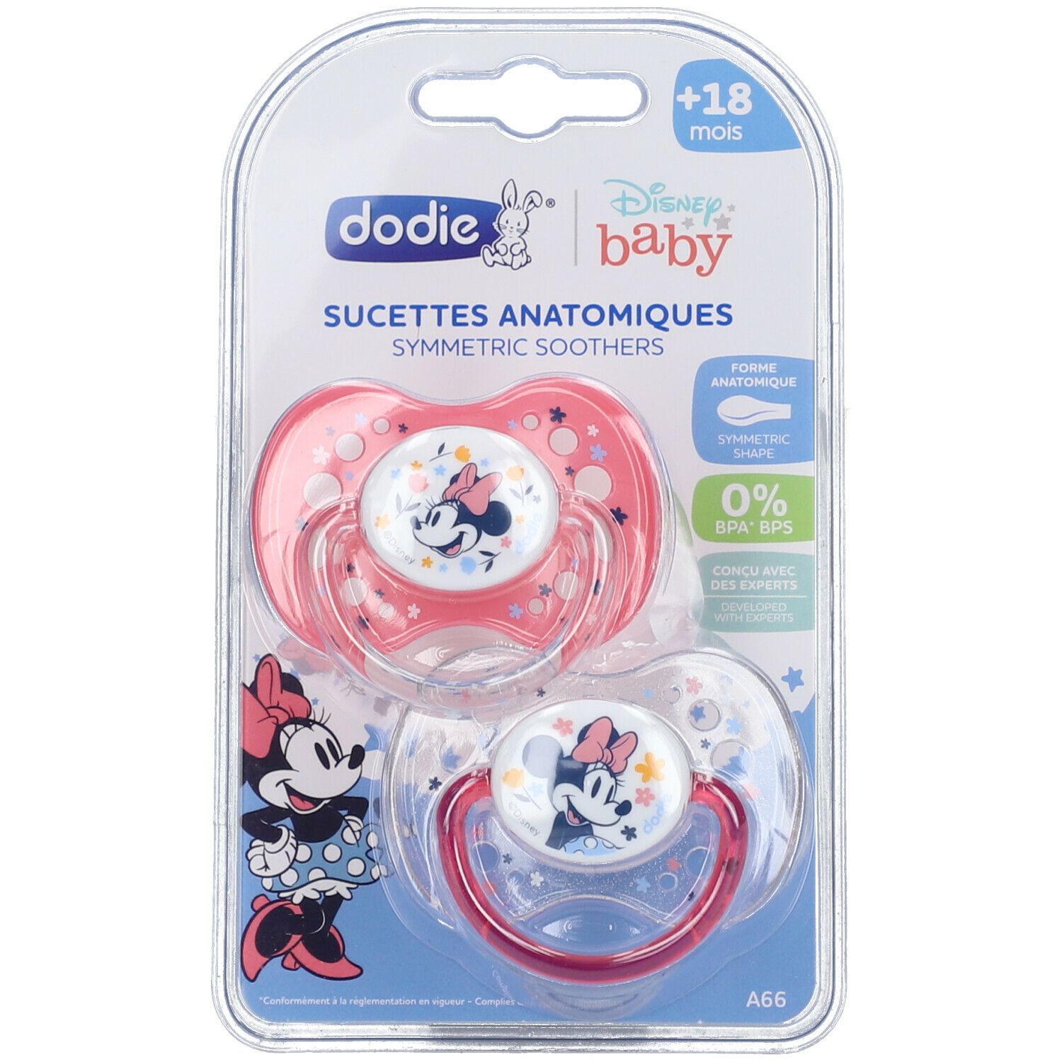 Deux sucettes en blister. Sucettes roses et transparentes avec Minnie. Marque : dodie®. Pour +18 mois.