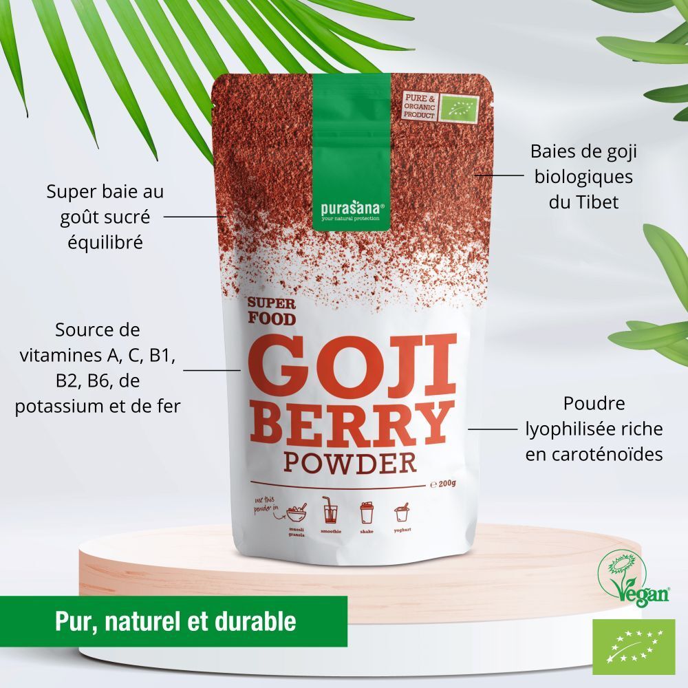 Emballage de poudre de baies de goji. Marque Purasana. Certifications bio et vegan. Inscriptions : Goji Berry Powder, Superfood.