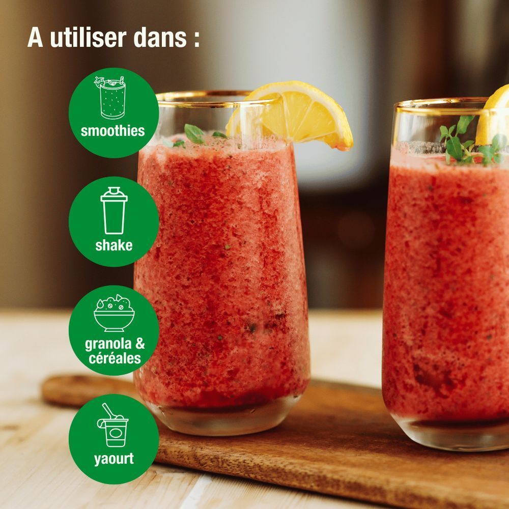 Deux verres de smoothie. Ingrédients : smoothie, shake, granola, yaourt. Cercles verts avec symboles.