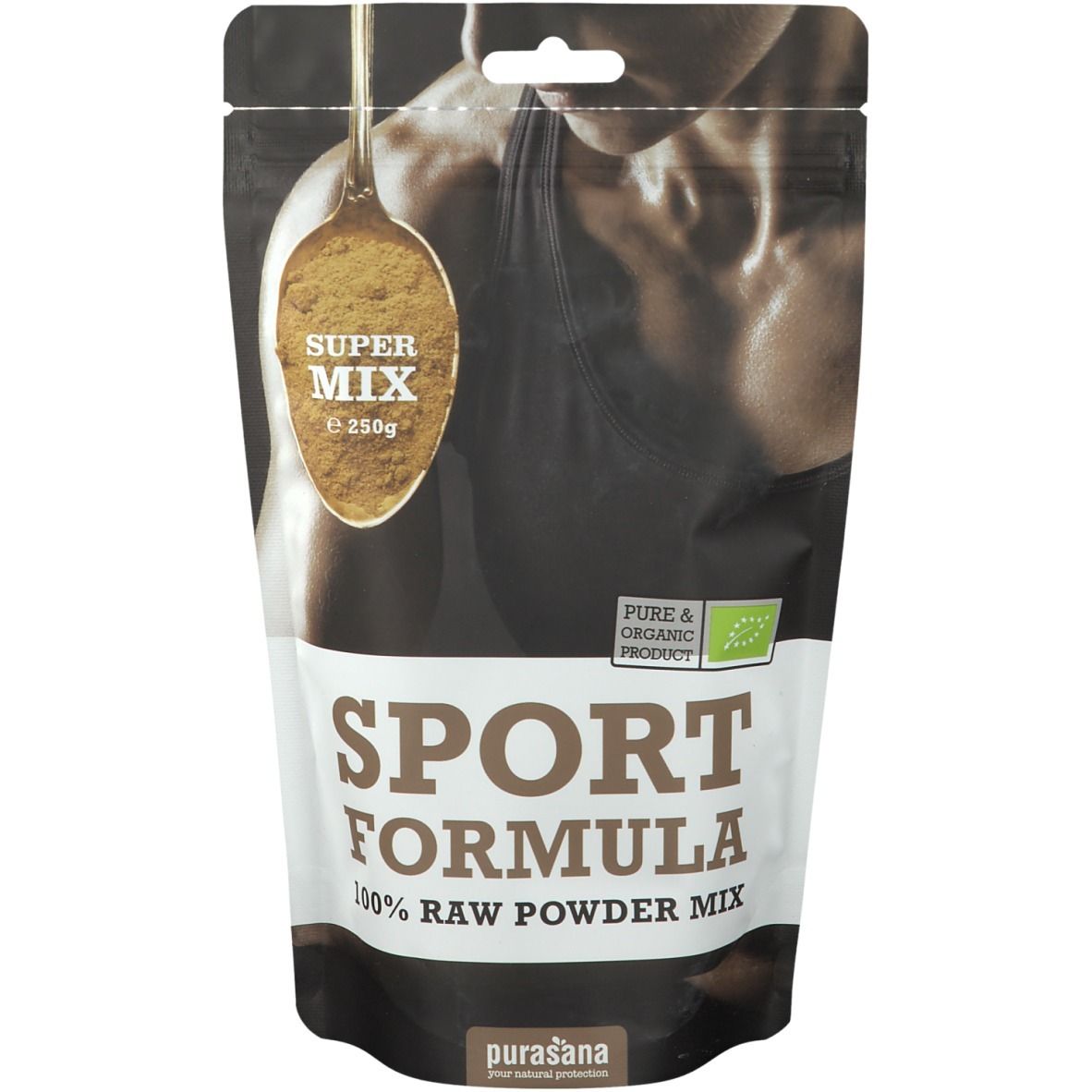 Sachet "SPORT FORMULA". "SUPER MIX" et cuillère en haut. Label bio. Marque : Purasana.
