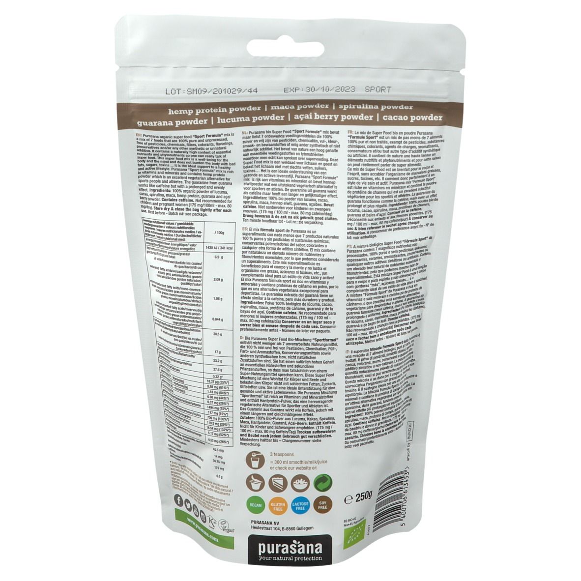 Dos du sachet. Texte avec ingrédients et informations nutritionnelles. Label bio. Marque : Purasana.