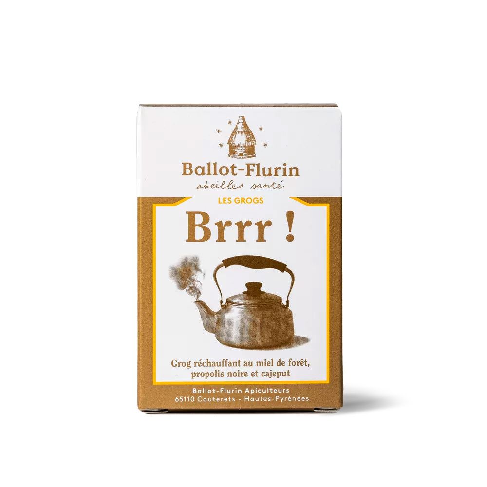 Boîte avec illustration du produit. Texte : Ballot-Flurin, Brrr!, Grog réchauffant, miel, propolis, cajeput.