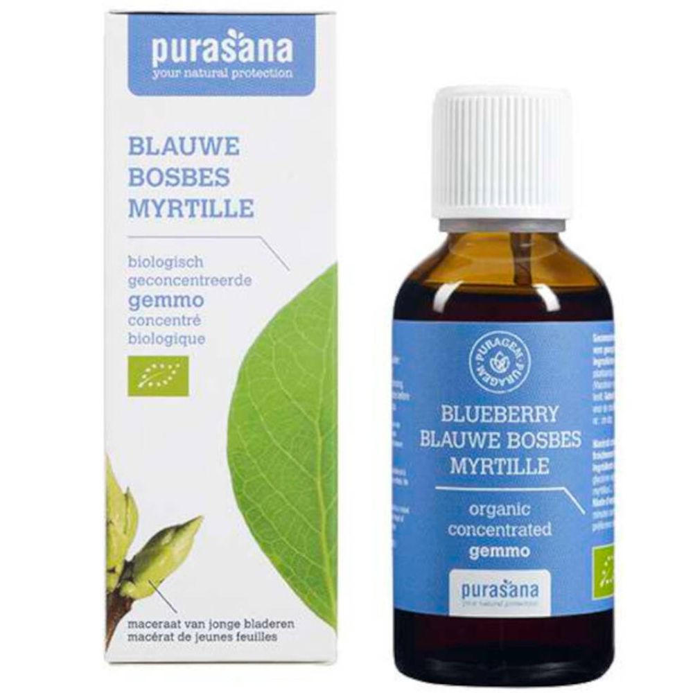 Flacon en verre brun avec bouchon blanc et étiquette bleue. Sur l'emballage : myrtille, concentré gemmo.