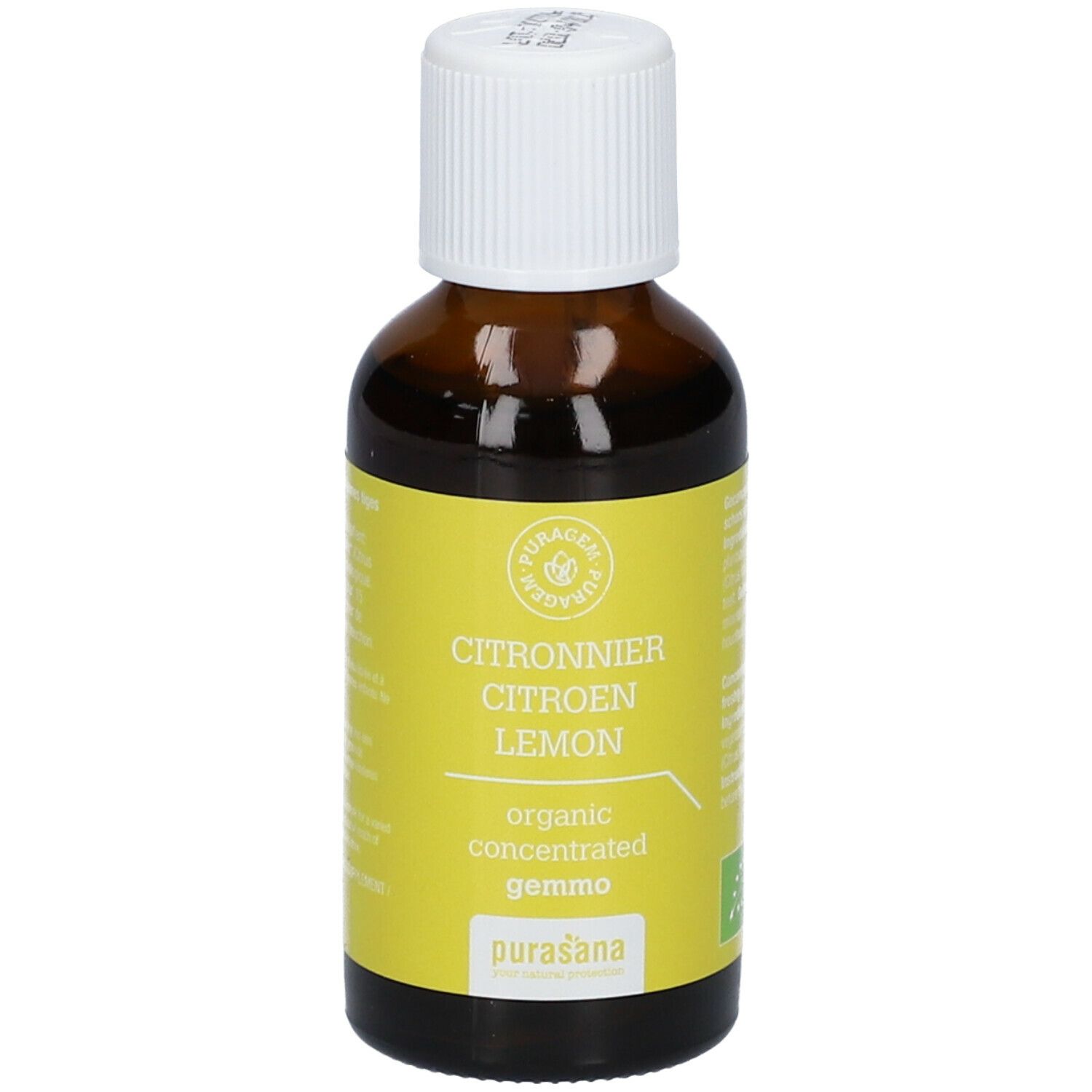 Flacon en verre brun avec étiquette jaune. Inscription: Citronnier Citroen Lemon, organic concentrated gemmo, purasana.