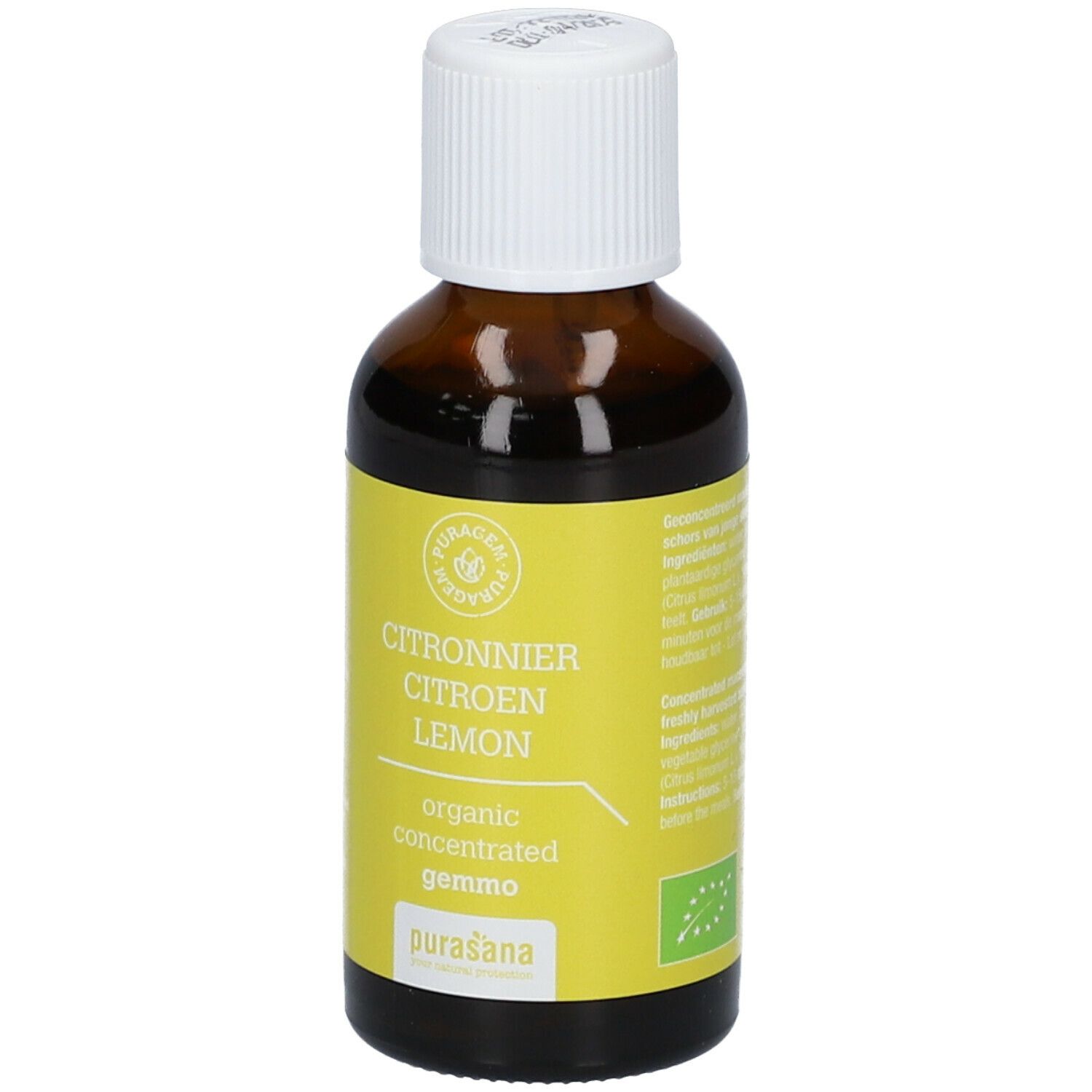 Flacon en verre brun avec étiquette jaune. Inscription: Citronnier Citroen Lemon, organic concentrated gemmo, purasana.