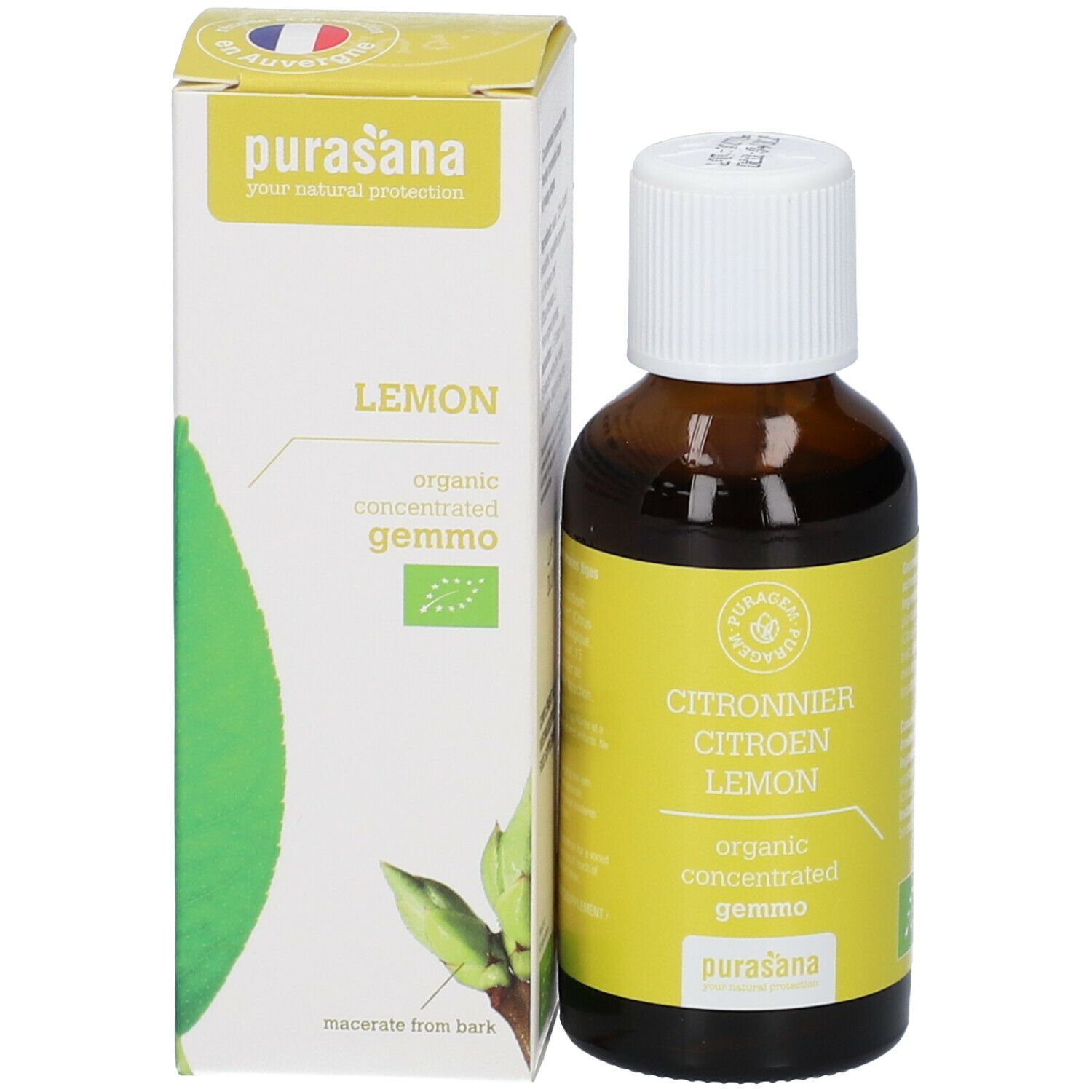 Flacon en verre brun et emballage en carton. Inscription: Lemon, organic concentrated gemmo, purasana. Avec logo bio UE.