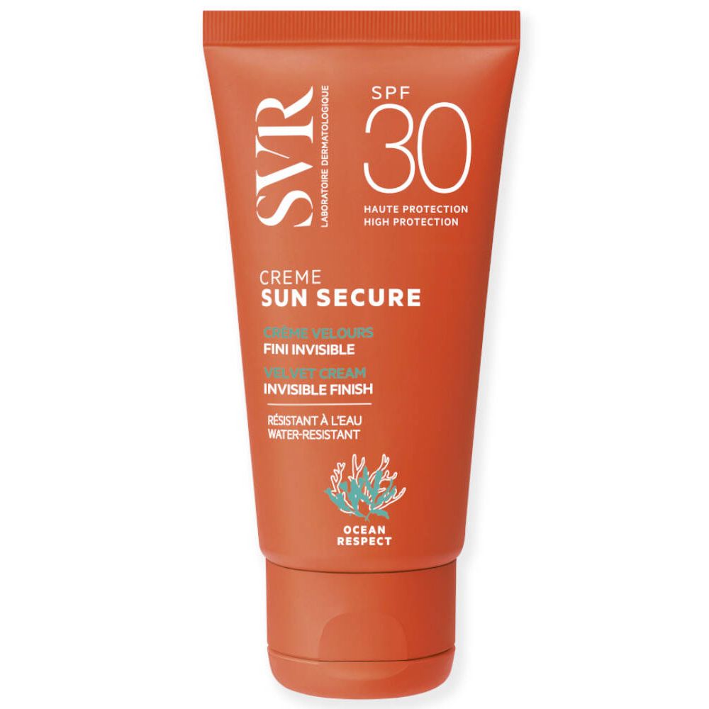 Tube orange SVR Sun Secure SPF 30. Crème Velours, Fini Invisible, résistant à l'eau. Logo Ocean Respect.