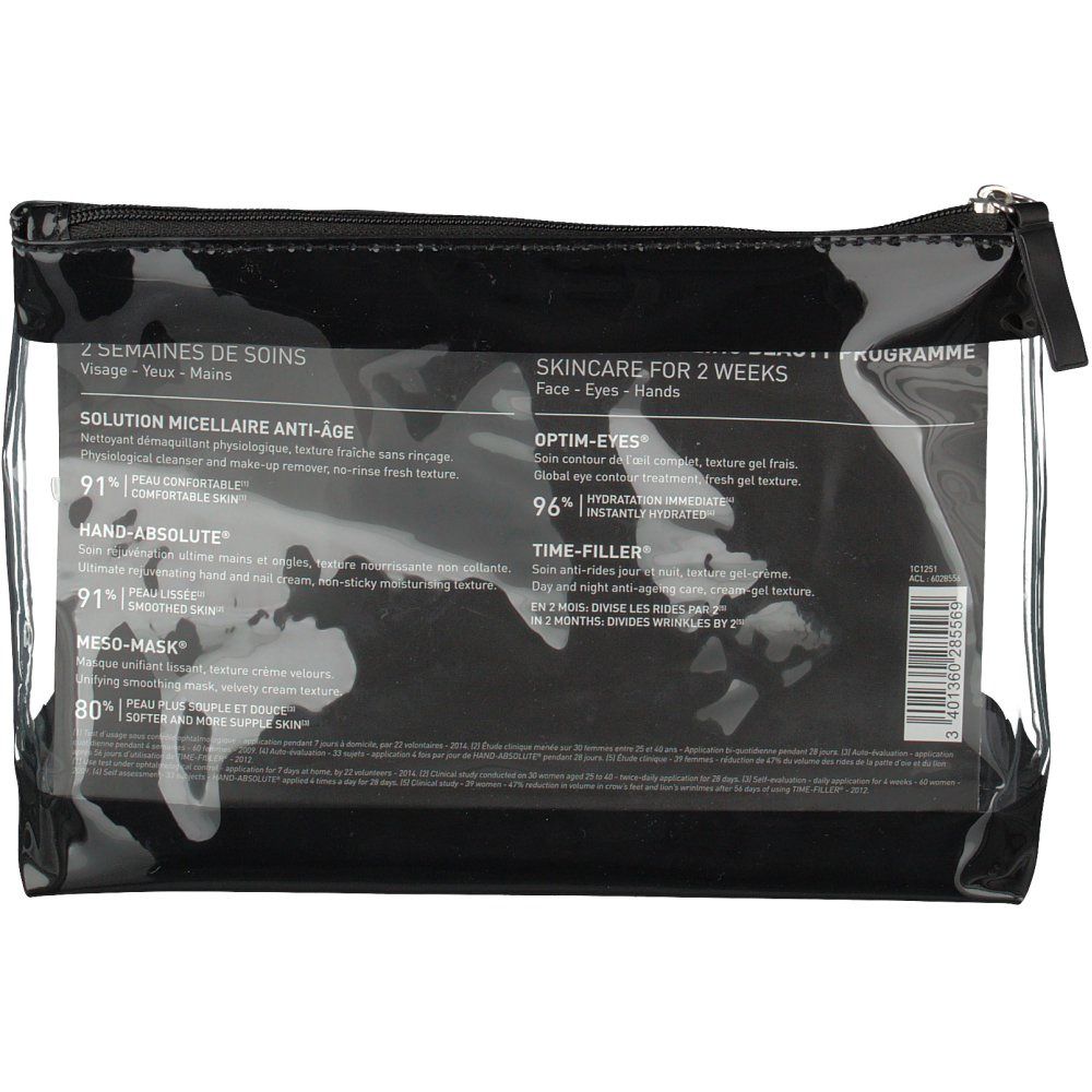 Trousse de toilette noire avec fenêtre transparente. Texte avec informations sur le produit. Vue arrière.