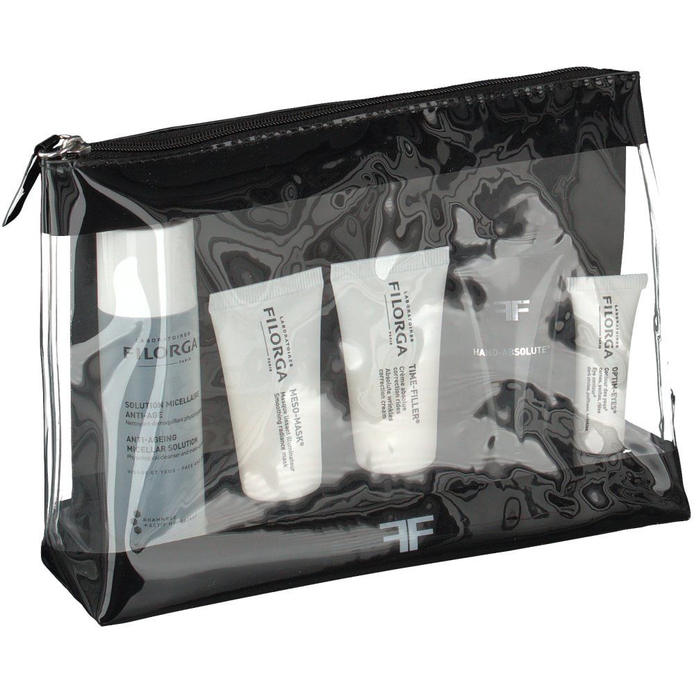 Trousse de toilette noire avec fenêtre transparente. Contient plusieurs tubes et flacons blancs. Vue de face.