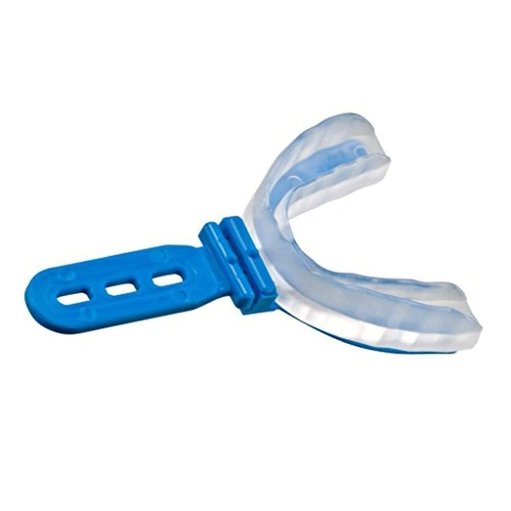 Gouttière transparente avec poignée bleue. Pour l'arcade dentaire supérieure.