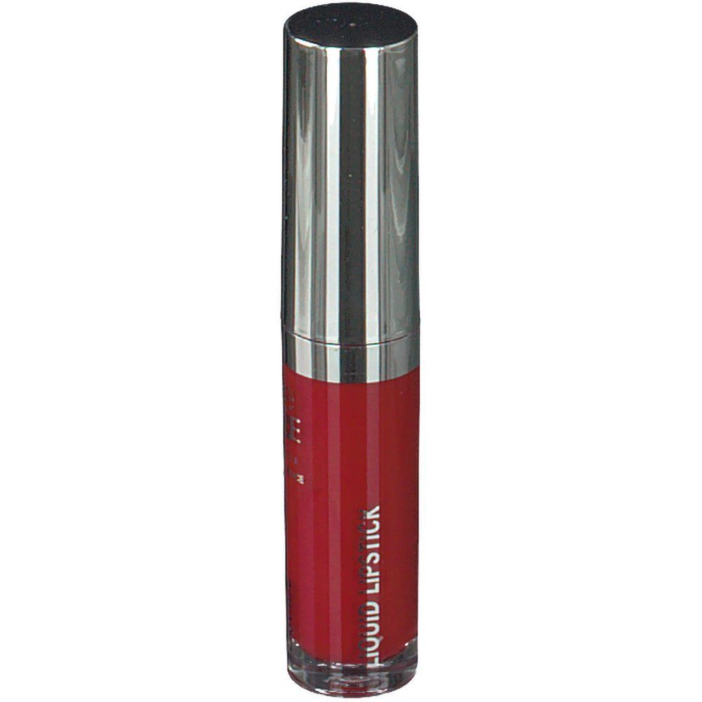 Rouge à lèvres liquide rouge dans un flacon cylindrique transparent avec un capuchon argenté. Inscription : Liquid Lipstick.