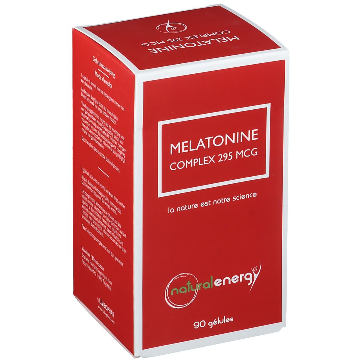 Boîte rouge avec cadre blanc. Inscription: Melatonine Complex 295 MCG. Logo: natural energy. 90 gélules.