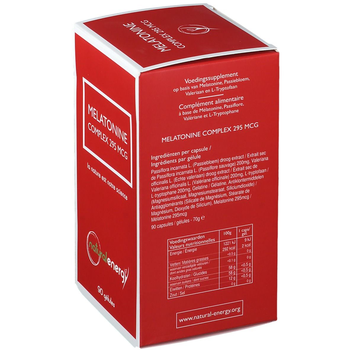 Dos de la boîte rouge. Texte: ingrédients, informations nutritionnelles. Logo: natural energy. 90 gélules.