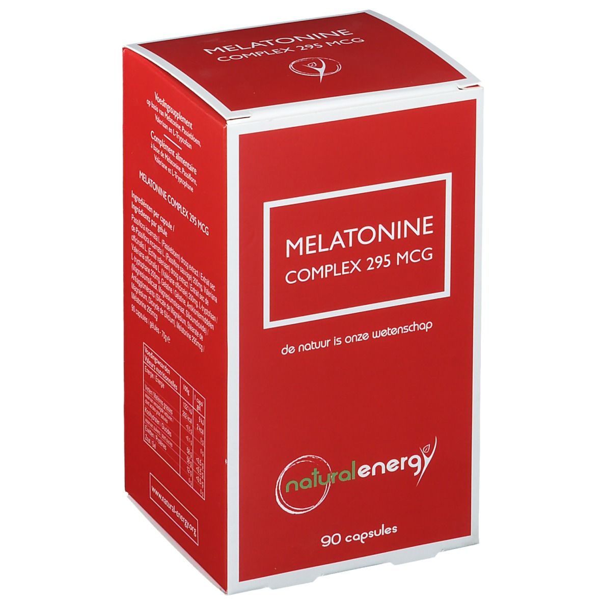 Boîte rouge avec cadre blanc. Inscription: Melatonine Complex 295 MCG. Logo: natural energy. 90 gélules.