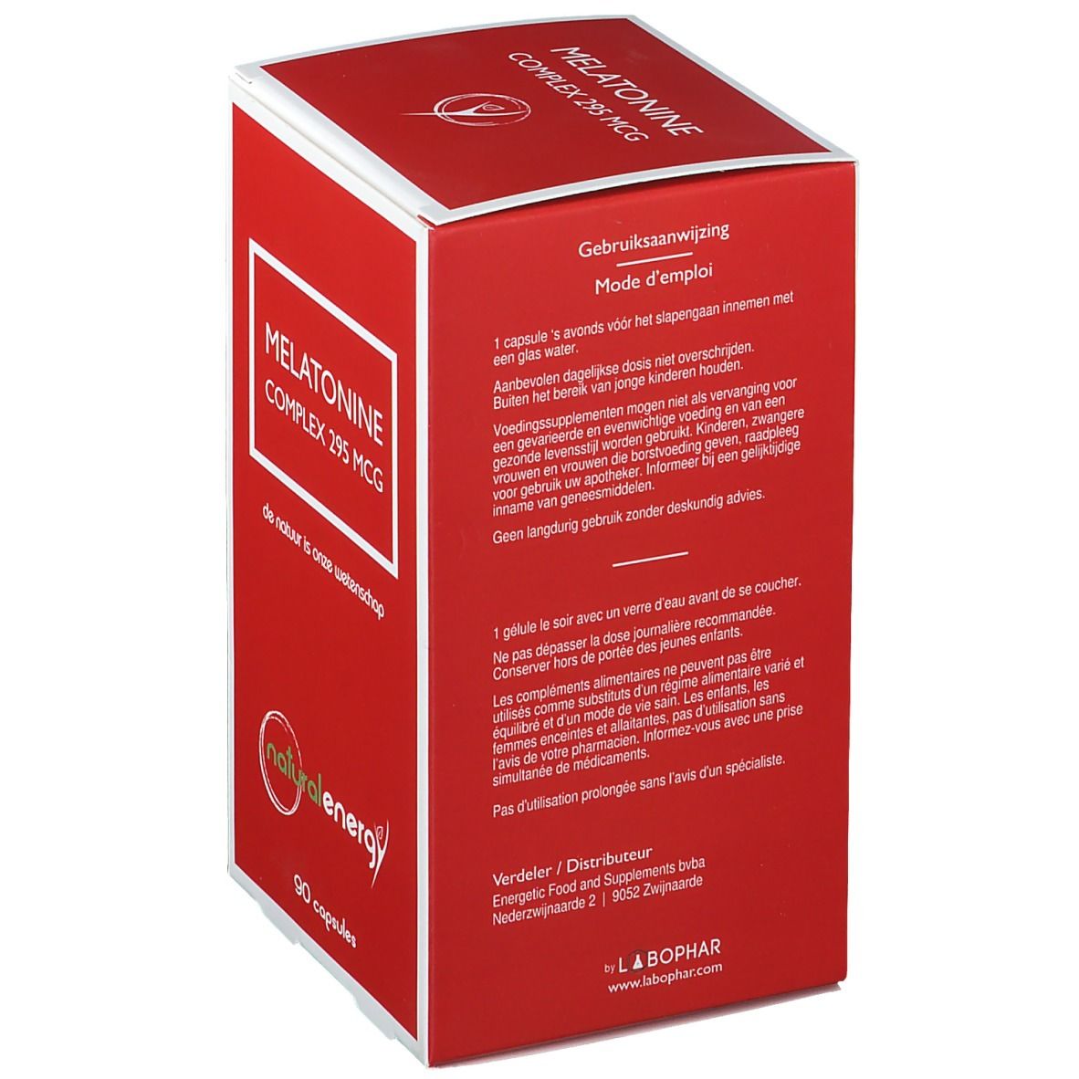 Boîte rouge avec cadre blanc. Inscription: Melatonine Complex 295 MCG. Logo: natural energy. 90 gélules.