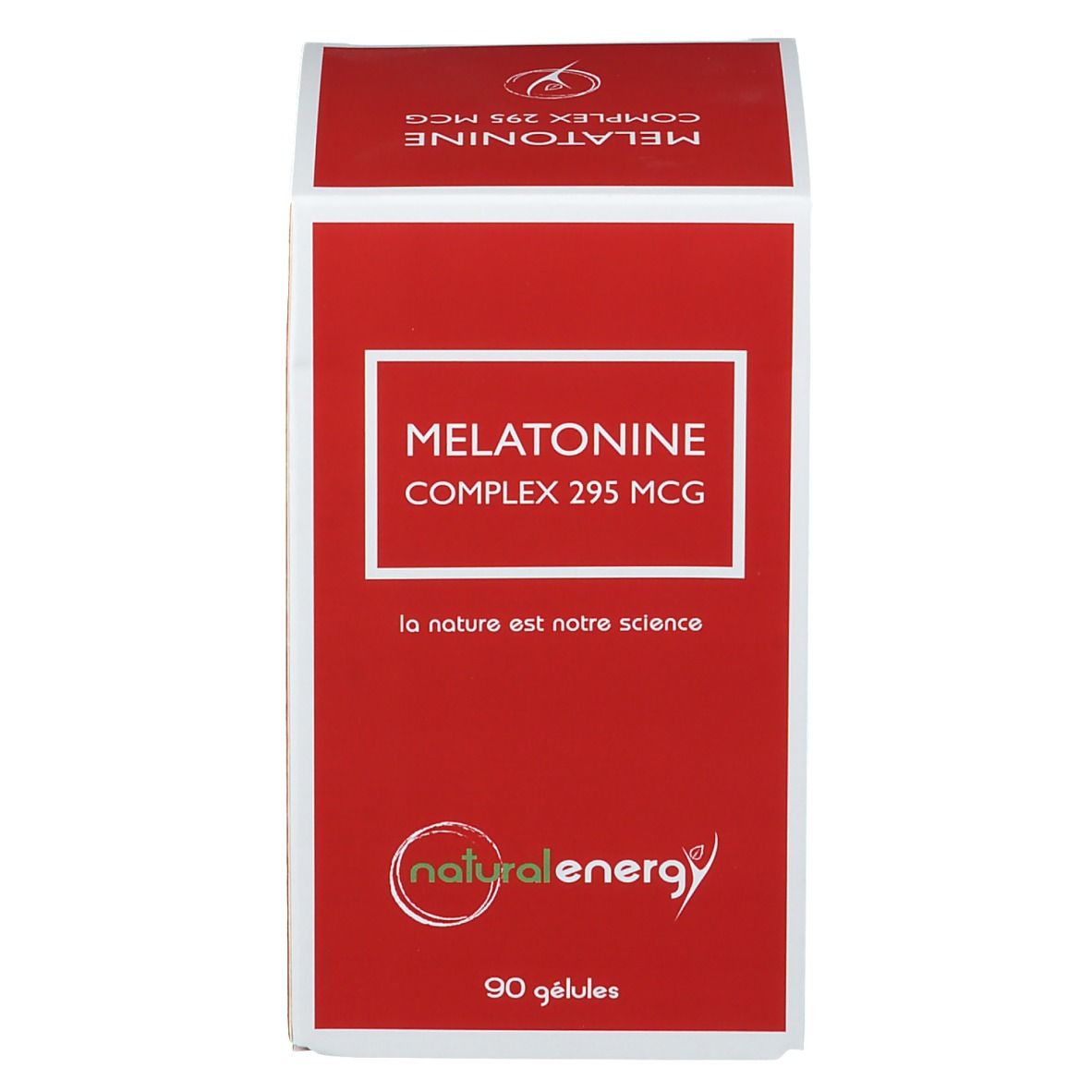 Boîte rouge avec cadre blanc. Inscription: Melatonine Complex 295 MCG. Logo: natural energy. 90 gélules.