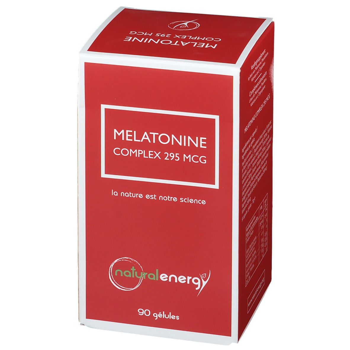 Boîte rouge avec cadre blanc. Inscription: Melatonine Complex 295 MCG. Logo: natural energy. 90 gélules.