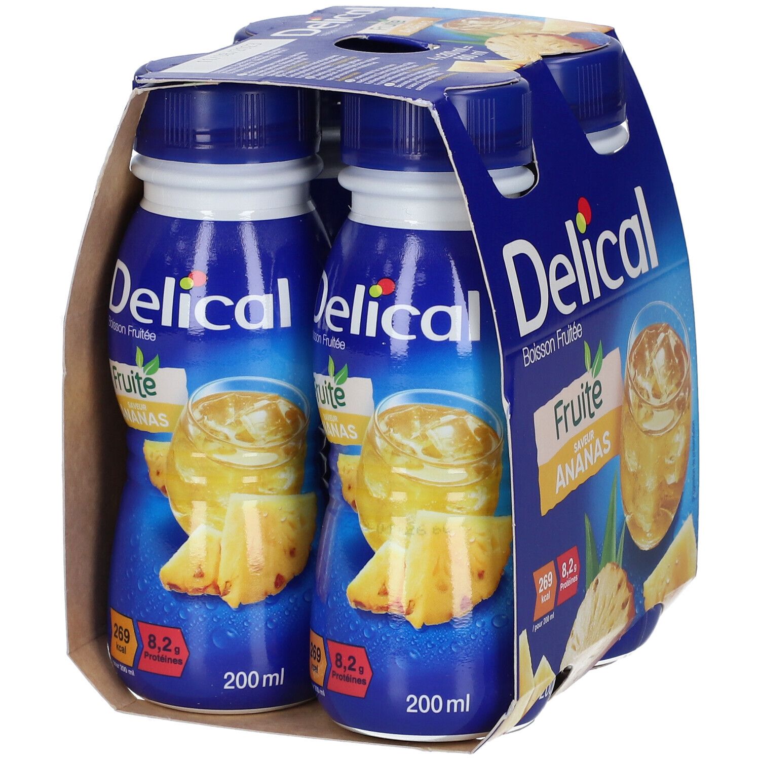 Emballage de deux bouteilles Delical Boisson Fruitée Ananas. Bouteilles bleues avec étiquette jaune et illustration d'ananas. Emballage carton.