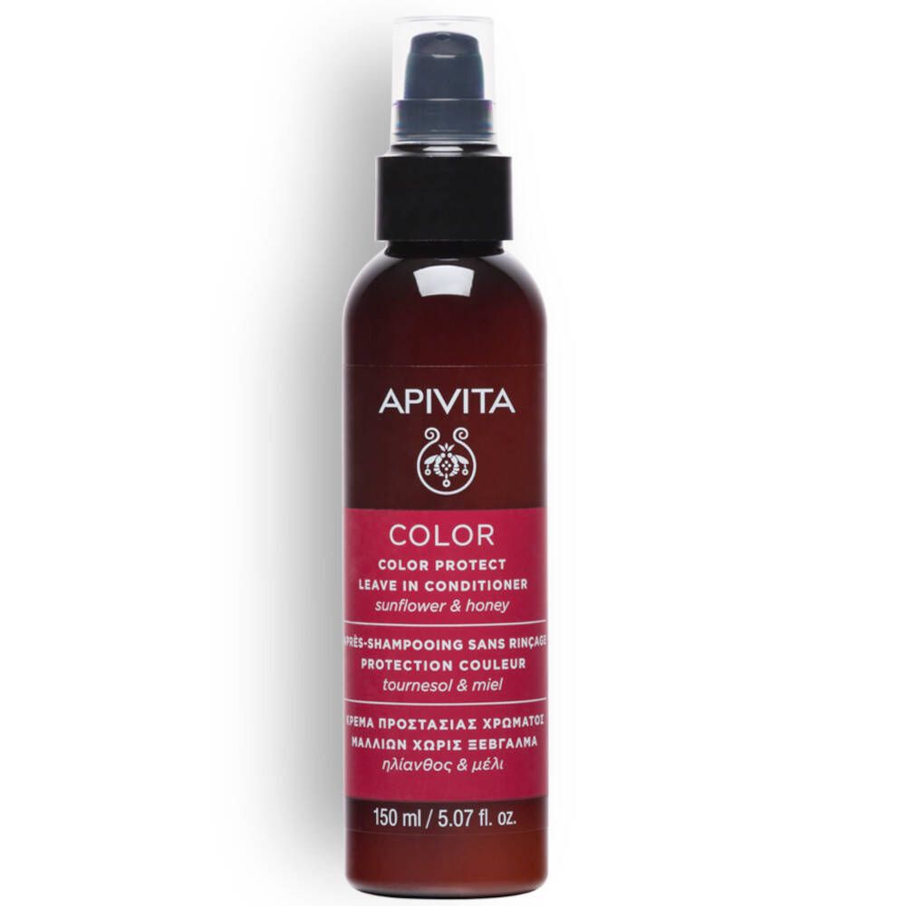 Flacon marron avec vaporisateur. Inscription: Apivita, Color Protect Leave In Conditioner. 150 ml.
