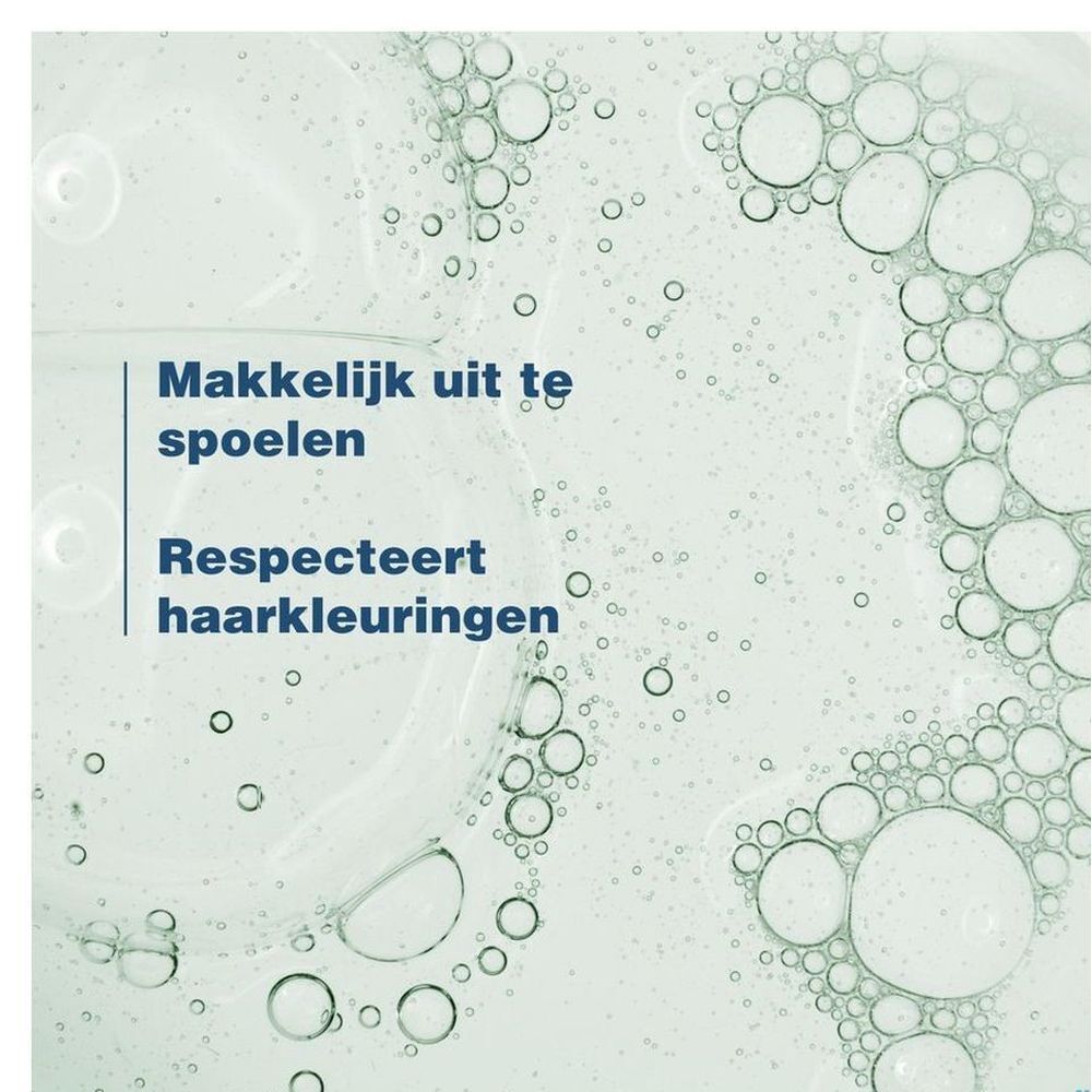 Eau avec des bulles. Texte: Facile à rincer. Respecte les colorations.