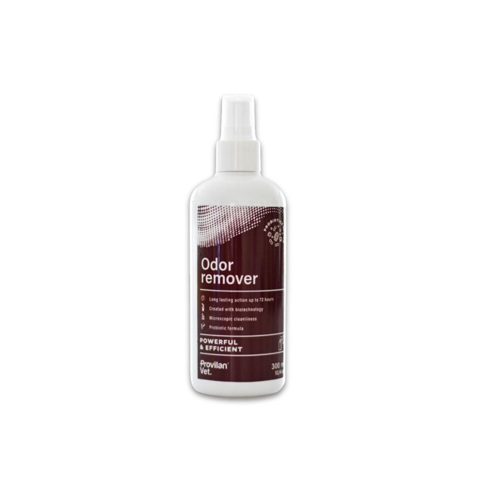 Flacon pulvérisateur blanc avec étiquette marron. Inscription: Odor remover. Marque: Provilan Vet.