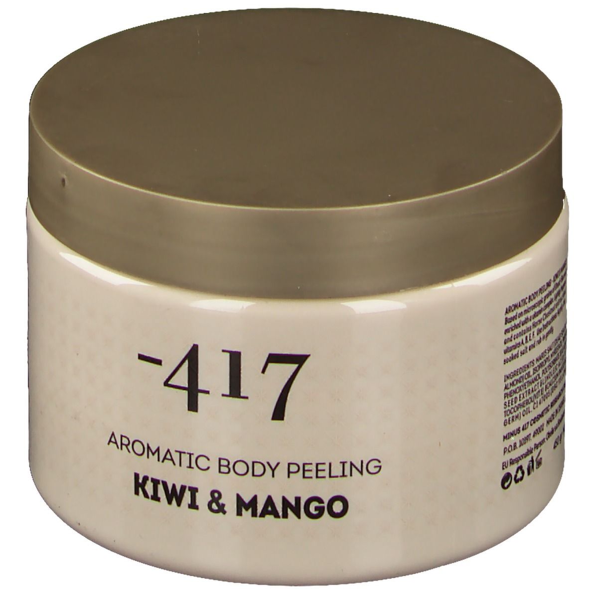 Pot beige avec couvercle doré. Inscription : -417, Aromatic Body Peeling, Kiwi & Mango.