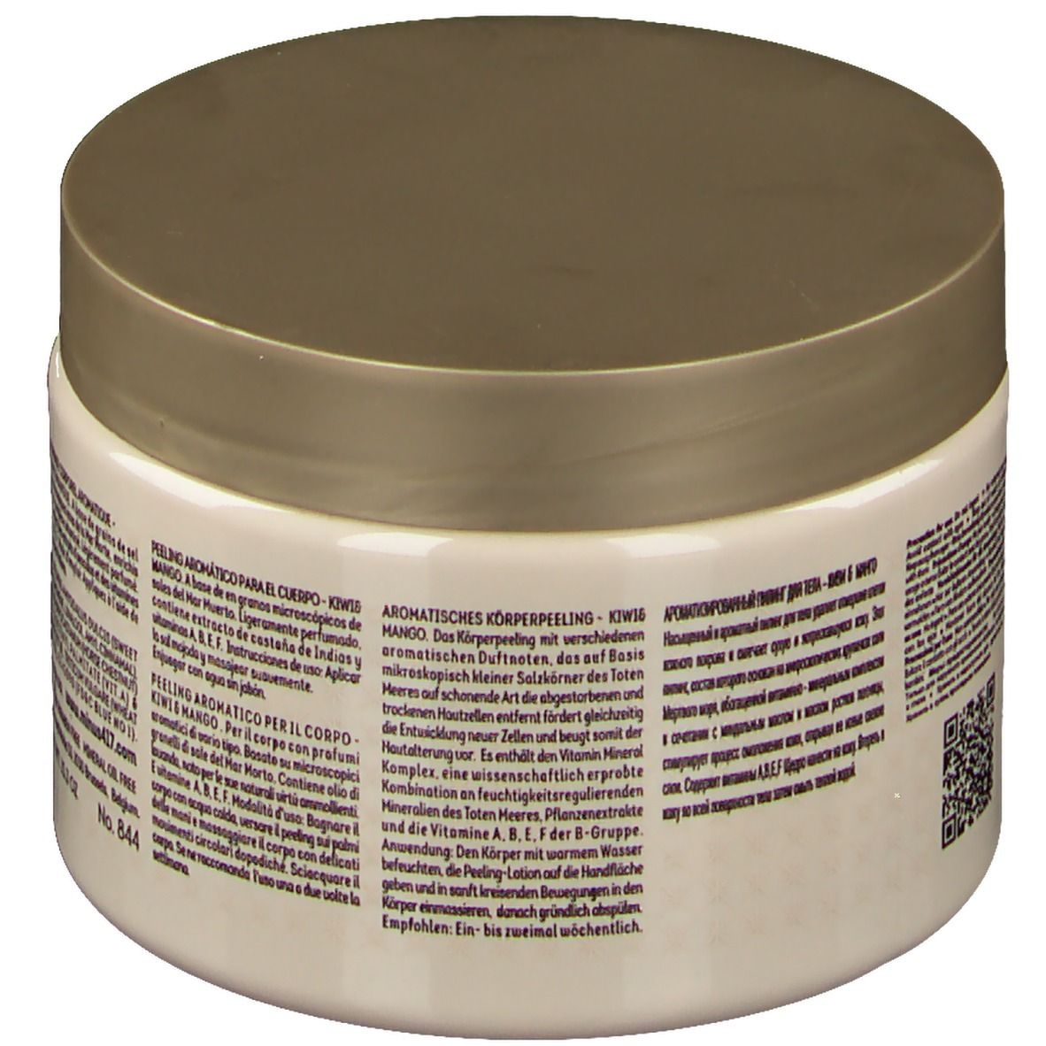 Pot beige avec couvercle doré. Dos avec texte. Inscription : -417, Kiwi & Mango.