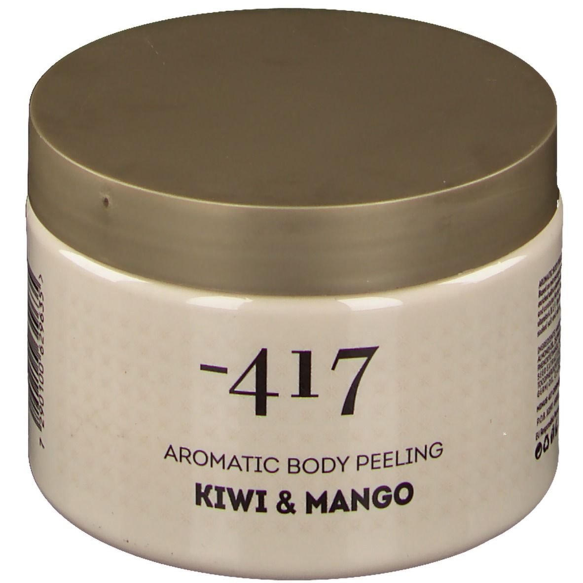 Pot beige avec couvercle doré. Inscription : -417, Aromatic Body Peeling, Kiwi & Mango.